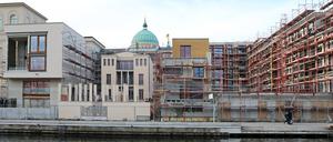 Die Baustelle am Alten Markt von der Freundschaftsinsel aus über die Alte Fahrt fotografiert.