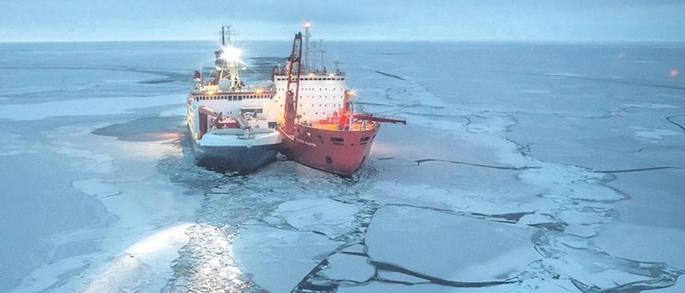 Auf den Weg gebracht. Ein russischer Eisbrecher (r.) brachte die „Polarstern“ im Oktober zu ihrer Scholle.