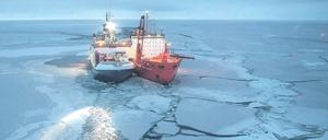 Auf den Weg gebracht. Ein russischer Eisbrecher (r.) brachte die „Polarstern“ im Oktober zu ihrer Scholle.