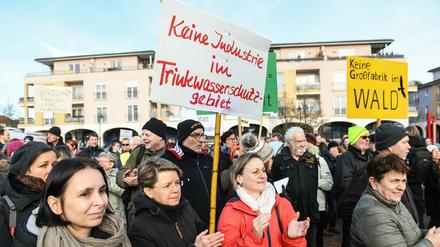 Gegner der Tesla-Ansiedlung bei einer Demonstration im Januar.