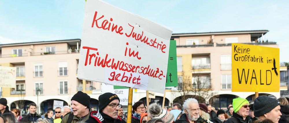 Gegner der Tesla-Ansiedlung bei einer Demonstration im Januar.