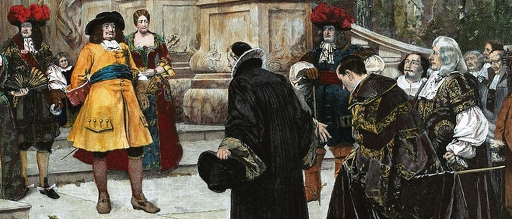 Willkommen. Der Große Kurfürst empfängt nach dem Edikt von Potsdam aus Frankreich geflüchtete Hugenotten im Potsdamer Stadtschloss. Holzstich von Hugo Vogel nach einem Gemälde.
