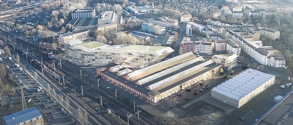 Diese neue Ansicht des geplanten Digitalzentrums zeigt, was neben den denkmalgeschützten RAW-Hallen geplant ist.
