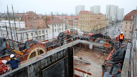 Baustelle für den Wiederaufbau des Garnisonkirchturmes in Potsdam.