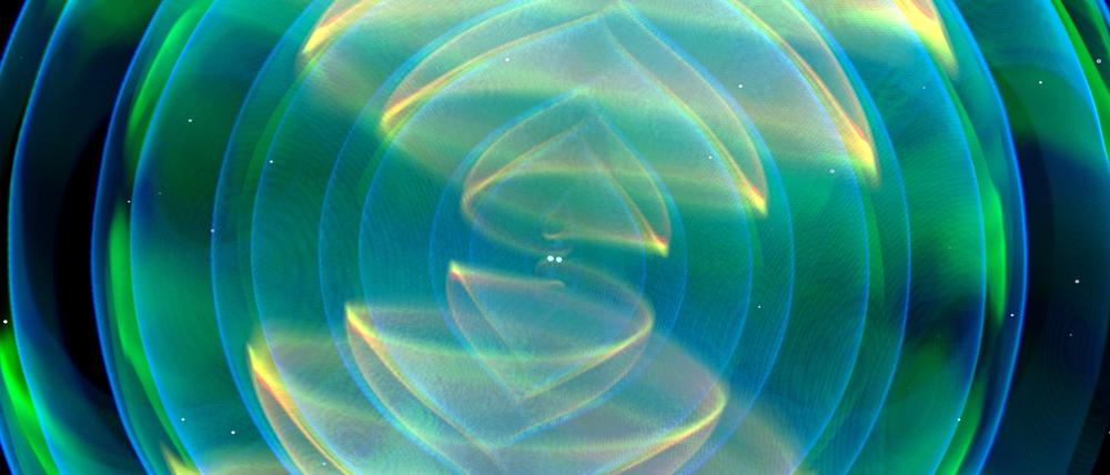 Simulation zweier verschmelzender Neutronensterne.