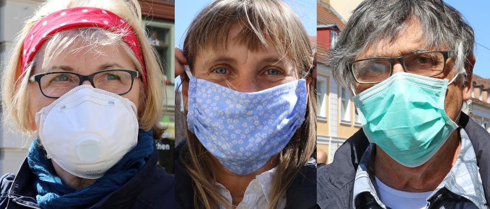 Maskentypen v.l.: Atemschutzmaske mit Virenfilter aus der Apotheke, Selbstgenähte Schutzmaske (Behelfsmaske, Community Mask) und Mund-Nasen-Schutz, dient vor allem dem Schutz von Mitmenschen.