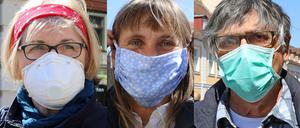 Maskentypen v.l.: Atemschutzmaske mit Virenfilter aus der Apotheke, Selbstgenähte Schutzmaske (Behelfsmaske, Community Mask) und Mund-Nasen-Schutz, dient vor allem dem Schutz von Mitmenschen.