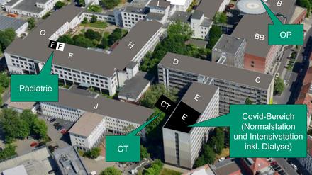 Schwarzes Klinikum: Die Covid-Station samt Intensivstation befindet sich in Gebäude E, bekommt einen eigenen Computertomographen (CT) sowie eine eigene Rettungsstelle.