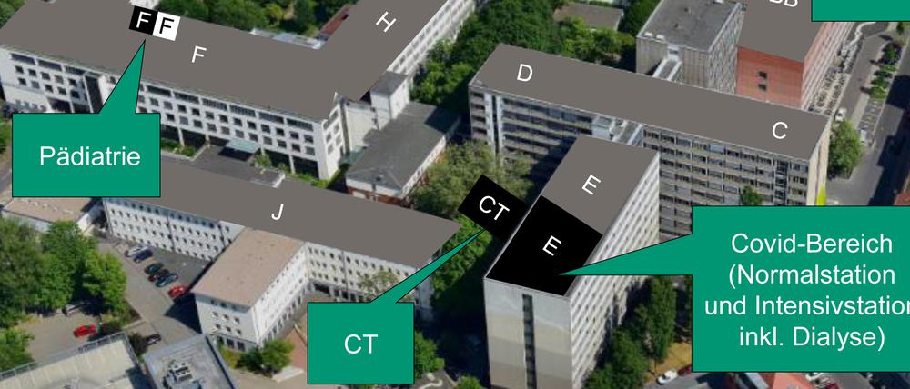Schwarzes Klinikum: Die Covid-Station samt Intensivstation befindet sich in Gebäude E, bekommt einen eigenen Computertomographen (CT) sowie eine eigene Rettungsstelle.