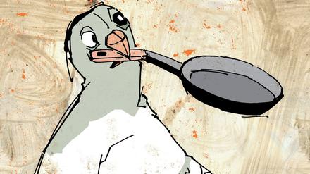 Fritz Eckenga dichtet: "Zur Weihnacht brat ich Gans./ Ostern brat ich Lamm./ Zu Pfingsten wiegt mein Braten mal grad zweihundert Gramm./ Pfingsten brat ich lediglich,/ denn das befiehlt mein Glaube,/ Taube." Illustration Peter Menne.