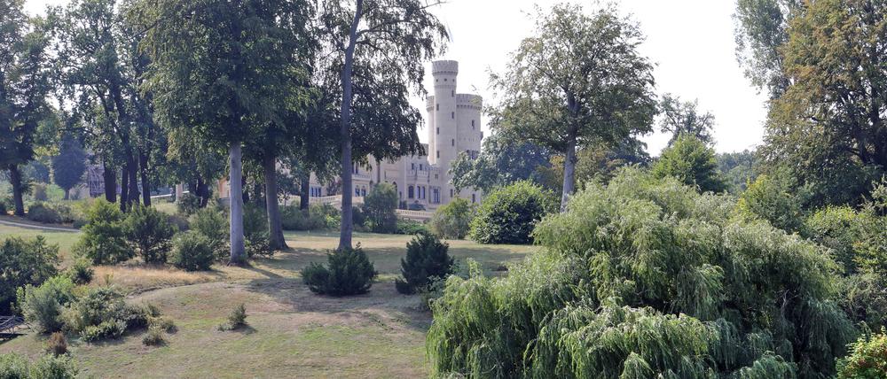 Blick vom Wasser auf den Park und das Schloss Babelsberg.