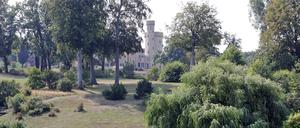 Blick vom Wasser auf den Park und das Schloss Babelsberg.