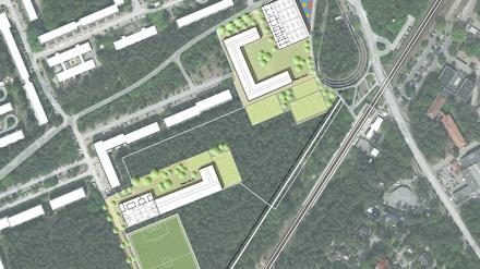 Am Bahnhof Rehbrücke soll eine Gesamtschule (rechts oben) und eine Förderschule (Mitte) sowie Sportflächen unterkommen.