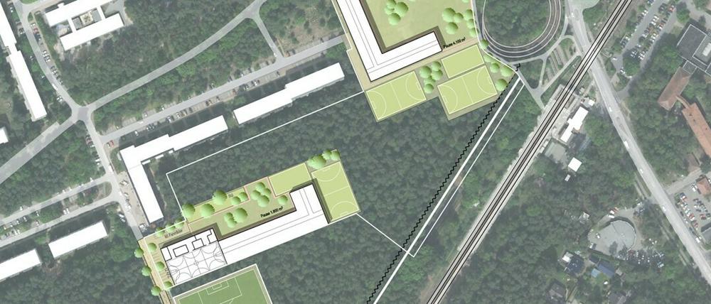Am Bahnhof Rehbrücke soll eine Gesamtschule (rechts oben) und eine Förderschule (Mitte) sowie Sportflächen unterkommen.