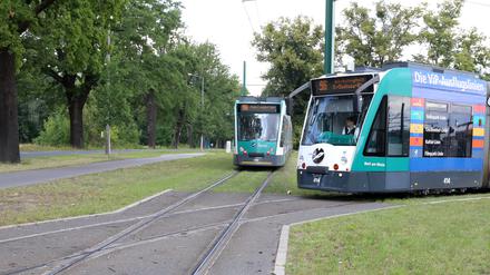 Noch wendet die Tram 96 am Campus Jungfernsee, ab 2029 soll sie von dort nach Krampnitz und Neu Fahrland fahren. 