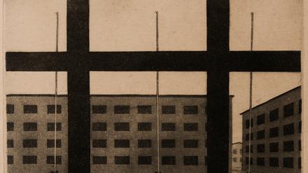 Der Potsdamer Grafiker Manfred Butzmann erhielt 2020 den Ehrenpreis des Brandenburgischen Ministerpräsidenten. Hier: "Ausblick mit Fahnenstangen" (Aquatinta, 1976).