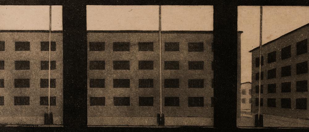 Der Potsdamer Grafiker Manfred Butzmann erhielt 2020 den Ehrenpreis des Brandenburgischen Ministerpräsidenten. Hier: "Ausblick mit Fahnenstangen" (Aquatinta, 1976).