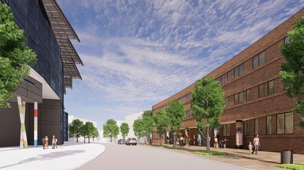 Das neue Depot des Filmmuseums wird gegenüber der Filmuniversität (l.) in der Marlene-Dietrich-Allee gebaut.