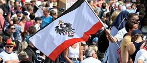 Viele Teilnehmer der "Querdenken"-Demonstration am Samstag in Berlin trugen schwarz-weiß-rote Reichsfahnen.