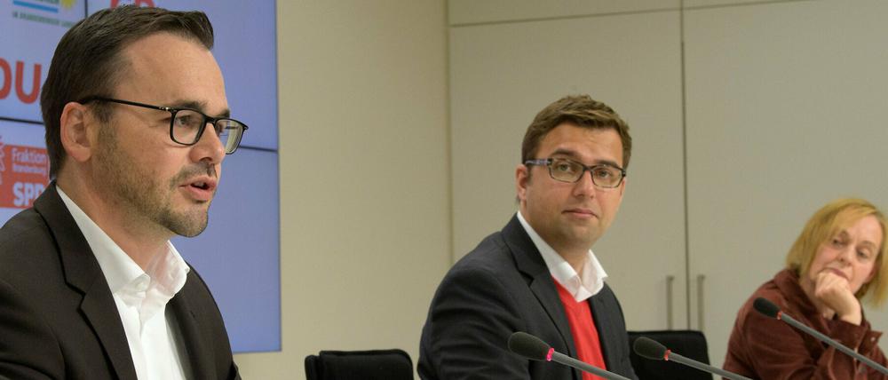 Auf Harmoniekurs. Die Kenia-Fraktionsvorsitzenden Jan Redmann (CDU, l.), Erik Stohn (SPD) und Petra Budke (Grüne).