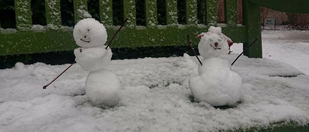 Die erste Schneefiguren im Jahr 2021 in Potsdam - hier auf einer Bank im Park Sanssouci.