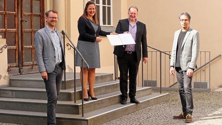 Lottomittel für Beethoven. KAP-Geschäftsführer Alexander Hollensteiner, Kulturministerin Manja Schüle, Dirigent David Robert Coleman und Komponist Saleem Abboud Ashkar.