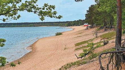 Vorsicht Böschung. Der Helenesee in Frankfurt(Oder) bleibt vorerst gesperrt. Der See war sofort nach seiner ehemaligen Nutzung als Tagebau geflutet worden.