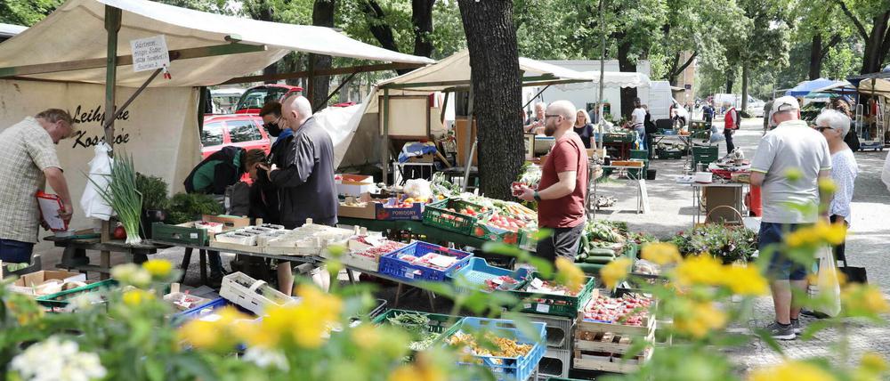 Der Wochenmarkt auf dem Babelsberger Weberplatz.