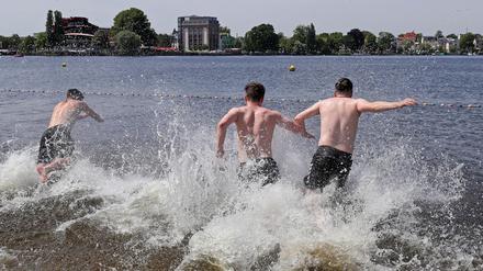 Badegäste des Strandbads Babelsberg beim Sprung ins Wasser.