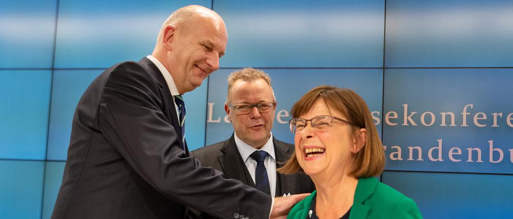 Bald soll die Stimmung in der Koalition wieder so gut sein wie hier 2019 mit Dietmar Woidke (SPD), Ursula Nonnemacher (Grüne) und Michael Stübgen (CDU).