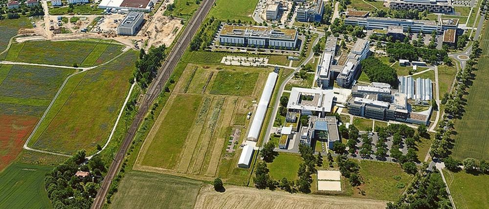 Der neue Bürokomplex mit Café und Kita entsteht auf der Rasenfläche in der Bildmitte rechts der Bahnstrecke. Auf der Immobilienmesse ExpoReal bietet die Pro Potsdam außerdem Gewerbeflächen im sogenannten Technology Campus an, hier das Areal in der linken Bildecke.