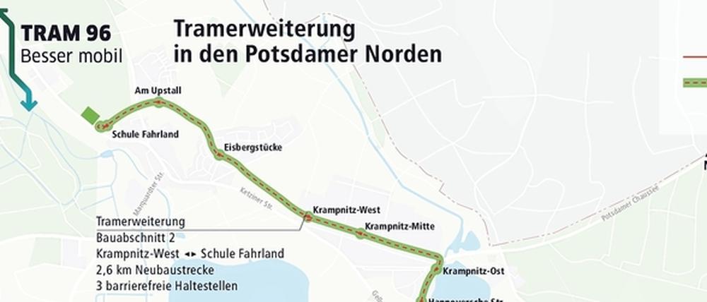 So könnte die Tramstrecke nach Krampnitz und Fahrland verlaufen.