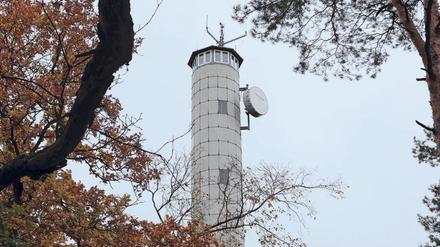 Verlassen steht der 35 Meter hohe Turm im Wald.