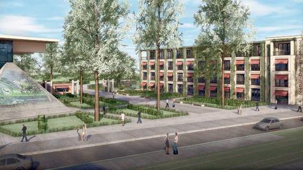 Vision. So könnten Eingang von Volkspark und Biosphäre mit Hotel auf dem bisherigen Parkplatz aussehen.