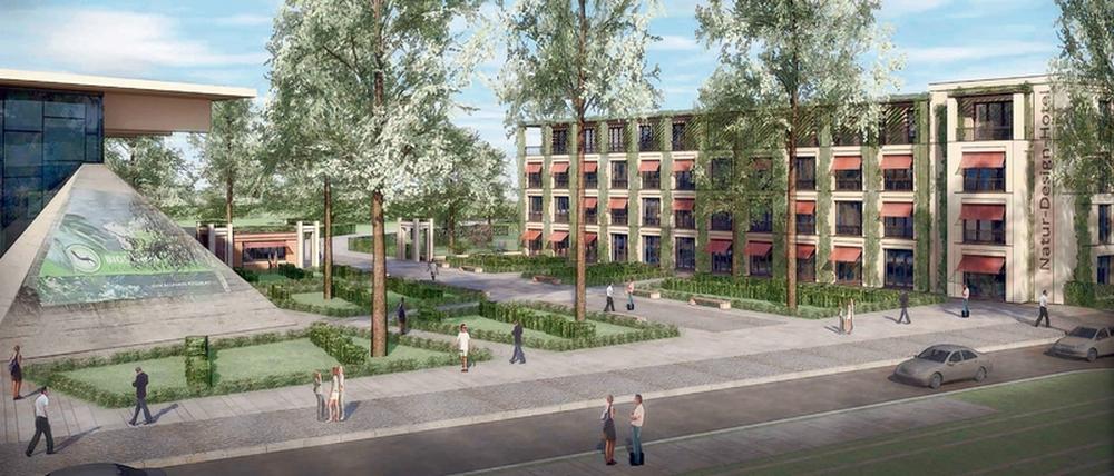 Vision. So könnten Eingang von Volkspark und Biosphäre mit Hotel auf dem bisherigen Parkplatz aussehen.