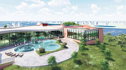 Die Havel-Therme soll um einen Anbau erweitert werden, hier rötlich dargestellt. 