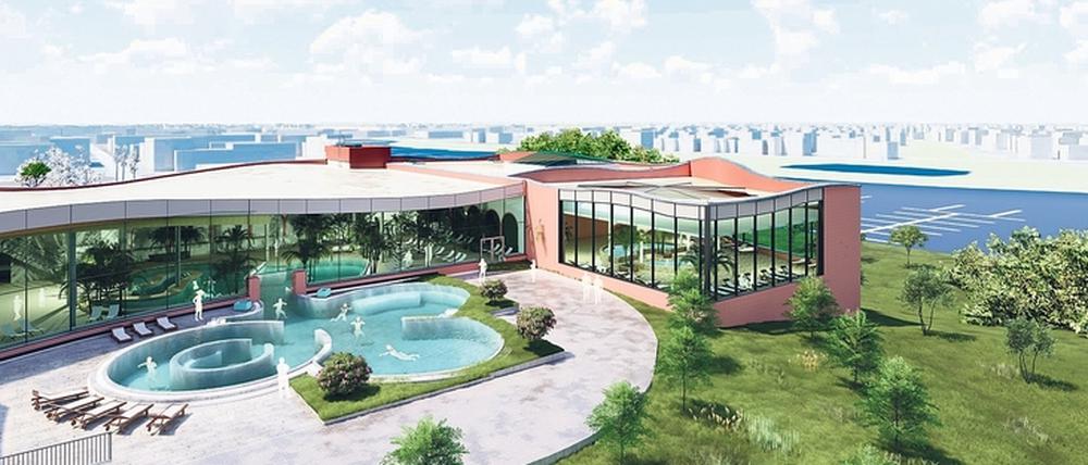 Die Havel-Therme soll um einen Anbau erweitert werden, hier rötlich dargestellt.