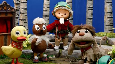 Die Figuren Schnatterinchen, Pittiplatsch, Sandmann und Moppi (l-r).