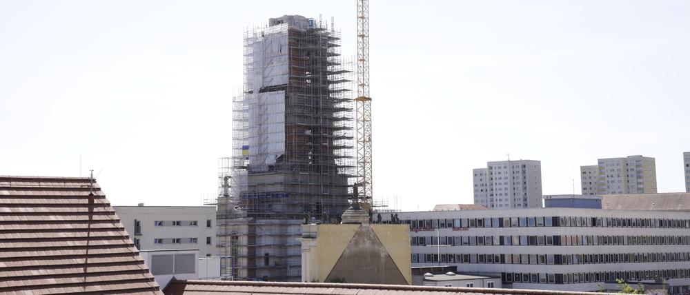Die Baustelle des Potsdamer Garnisonkirchturms Anfang Mai. 