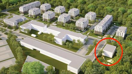 So soll das Brunnenviertel einmal aussehen, in der eingekreisten Fläche soll die Kita entstehen.