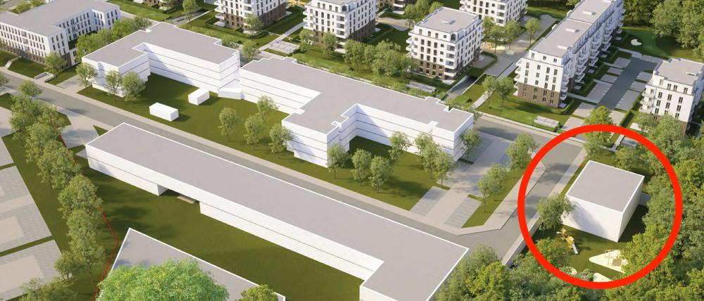 So soll das Brunnenviertel einmal aussehen, in der eingekreisten Fläche soll die Kita entstehen.