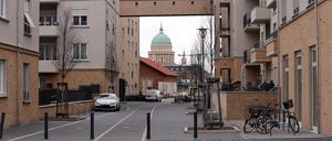 Blick aus der Speicherstadt in Richtung Nikolaikirche am Alten Markt.
