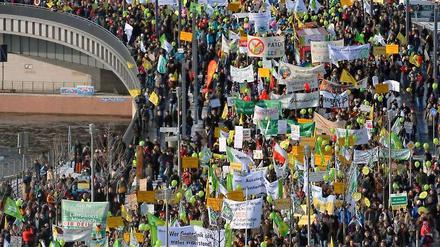 Teilnehmer einer Demonstration ziehen am 22.01.11 in Berlin unter dem Motto "Wir haben es satt! - Nein zu Gentechnik, Tierfabriken und Dumping-Exporten" durch das Regierungsviertel.
