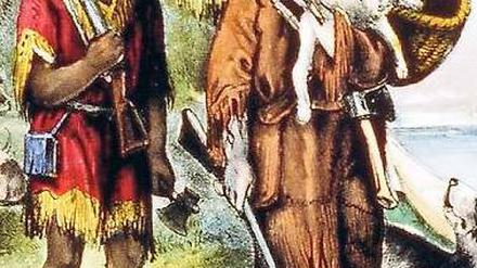 Inselgefährten in der Not. Robinson und Freitag. Illustration von 1875.