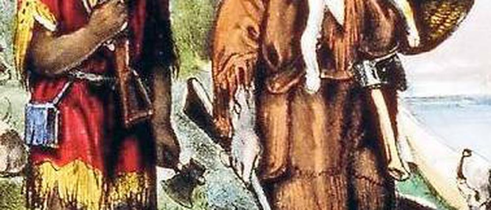 Inselgefährten in der Not. Robinson und Freitag. Illustration von 1875.