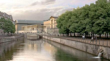 Blick auf die James Simon-Galerie von der Schlossbrücke aus (Computersimulation). Der Architekt David Chipperfield modifizierte später seinen ursprünglichen Entwurf aus Glas und Stahl. 