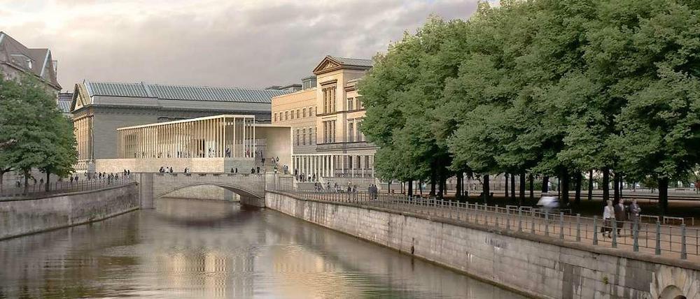 Blick auf die James Simon-Galerie von der Schlossbrücke aus (Computersimulation). Der Architekt David Chipperfield modifizierte später seinen ursprünglichen Entwurf aus Glas und Stahl. 