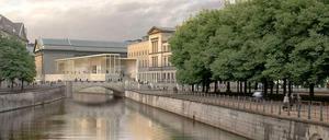 Blick auf die James Simon-Galerie von der Schlossbrücke aus (Computersimulation). Der Architekt David Chipperfield modifizierte später seinen ursprünglichen Entwurf aus Glas und Stahl. 