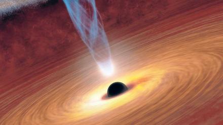 Kosmisches Karussell. Im Zentrum der Spiralgalaxie NGC 1365 haben Astronomen ein rotierendes Schwarzes Loch entdeckt. Auf ringförmigen Bahnen fliegt ihm Materie zu. Senkrecht dazu jagen Ströme energiereicher Teilchen, sogenannte Jets, ins All. 