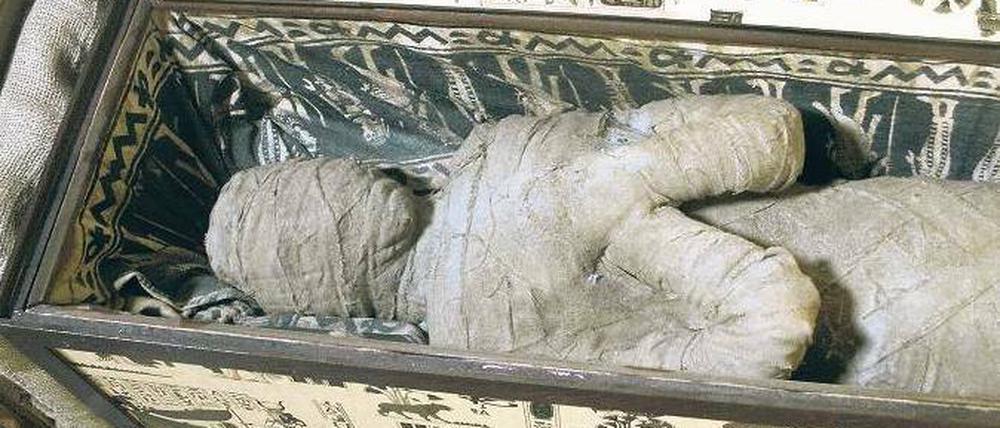 Gut eingelegt. Auf dem Dachboden einer Diepholzer Wohnung wurde eine Mumie gefunden. Die Knochen sind wohl über 2000 Jahre alt. Die Bandagen jedoch frisch. Die Staatsanwaltschaft bemüht sich um Aufklärung. Foto: dpa